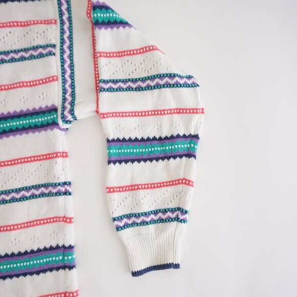 Vintage Accordéon White Knit Multicolour Striped Button Cardigan Eclectic M - Picture 4 of 10